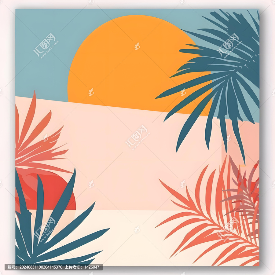 抽象夏日夕陽(yáng)棕櫚葉和太陽(yáng)