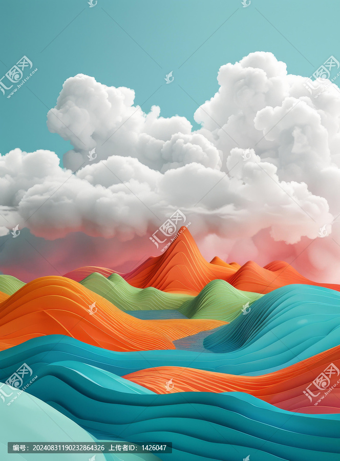 五彩斑斕的3D山地和云彩