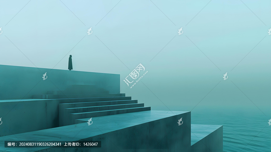 抽象簡(jiǎn)約風(fēng)格的3D渲染：孤獨(dú)的身影站在迷霧籠罩的階梯頂端