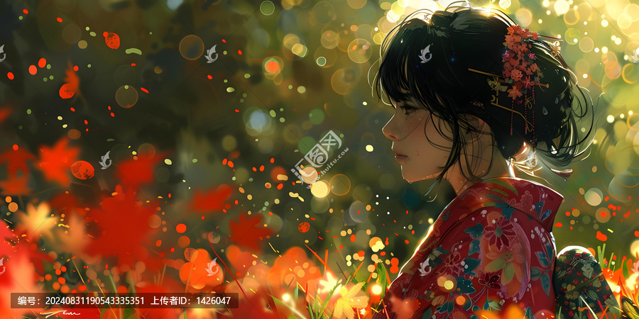 一個美麗的日本婦女穿著和服站在一片紅色的花海中。