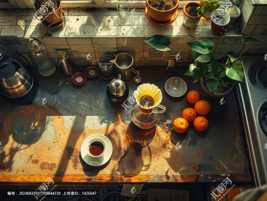 廚房臺面上的咖啡和橙子
