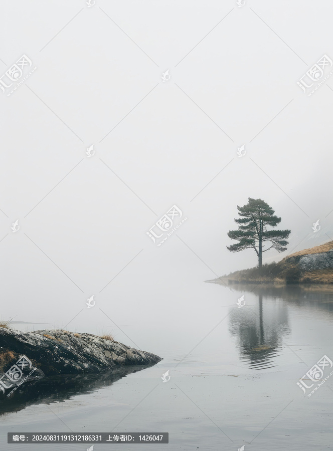 迷霧籠罩的湖泊中孤獨的樹