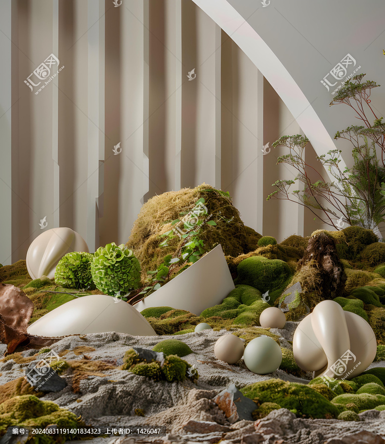 苔蘚與蛋的極簡(jiǎn)抽象綠色白色景觀