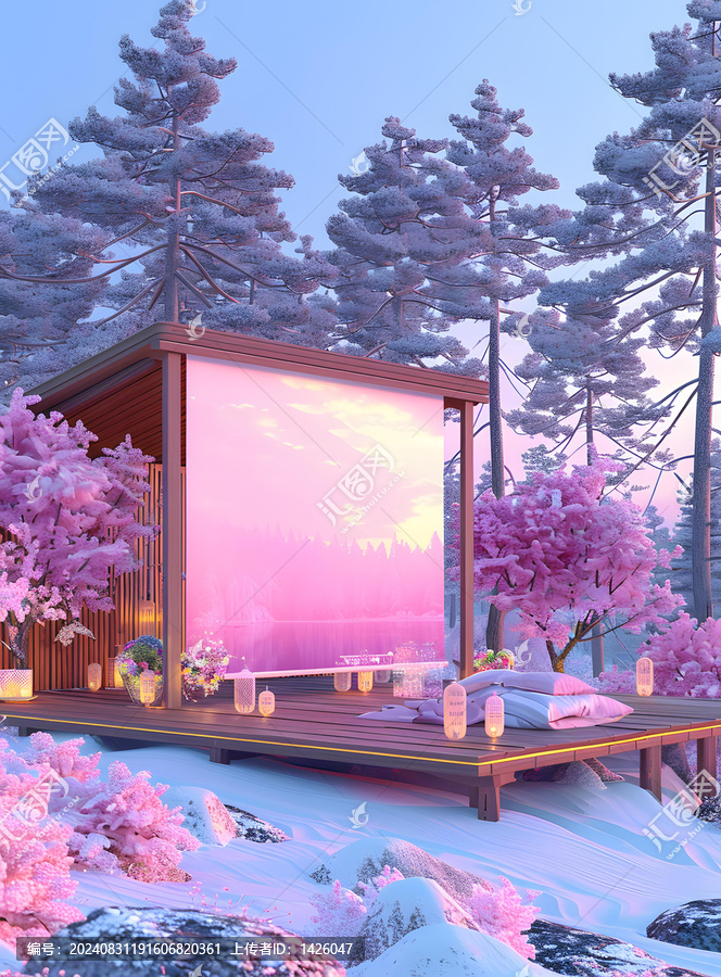 粉紅色的夕陽(yáng)森林小屋，有枕頭和燈籠