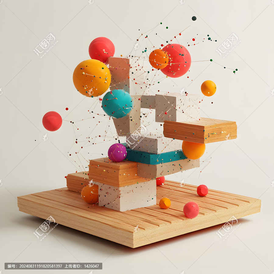 木質(zhì)底座上的抽象彩色幾何形狀3D