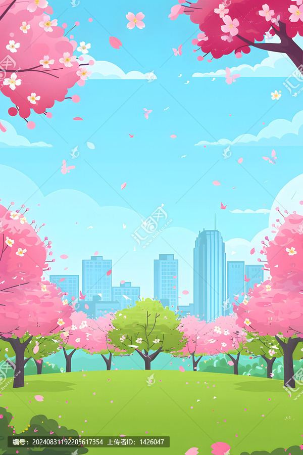 春天城市公園風(fēng)景，粉紅櫻花盛開，城市天際線