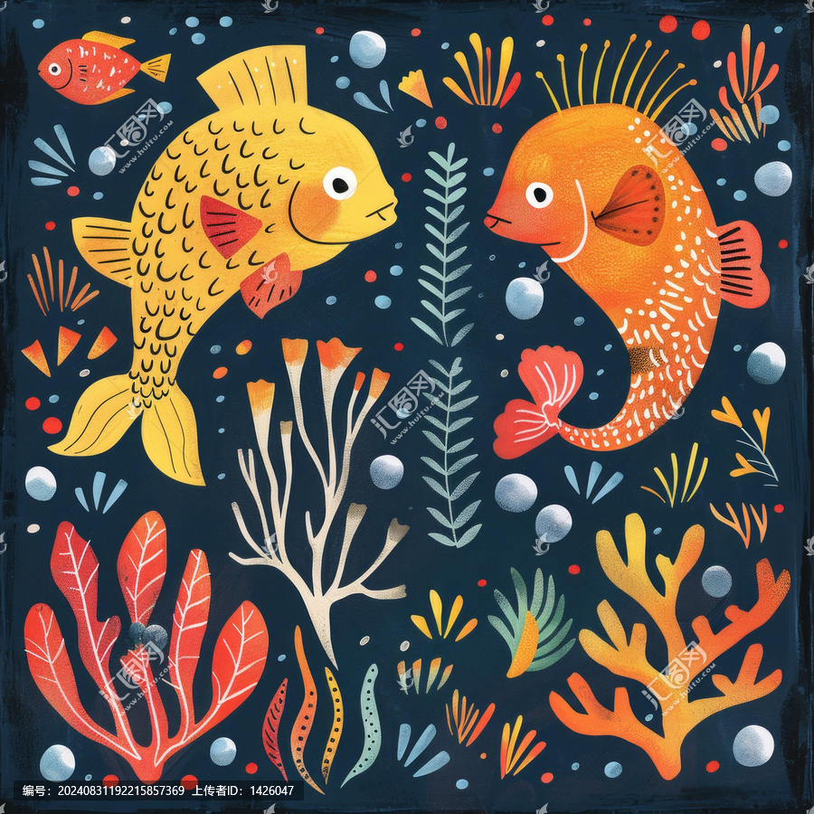 兩只黃色的魚和五顏六色的水生植物