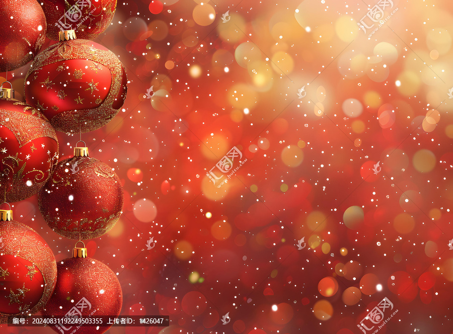紅色和金色圣誕裝飾品掛在紅色背景上，并帶有金色散景