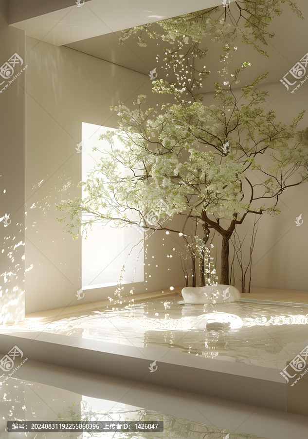 極簡室內(nèi)設計，盛開的樹木和水景