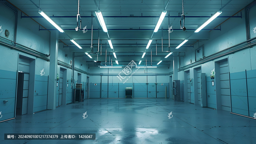 空曠的工業(yè)車間，熒光燈照明