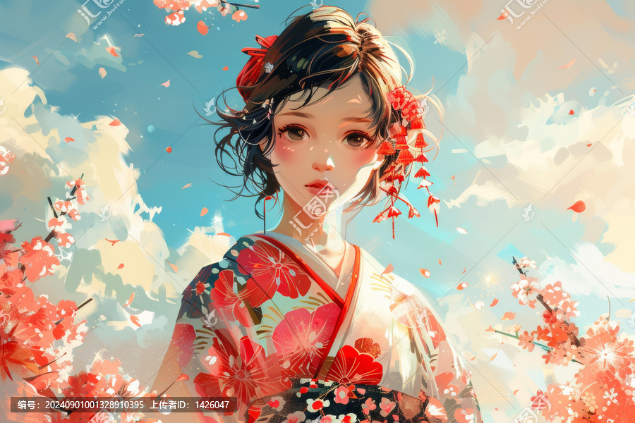 一個(gè)美麗的黑長發(fā)和服日本女孩站在櫻花盛開的原野上。