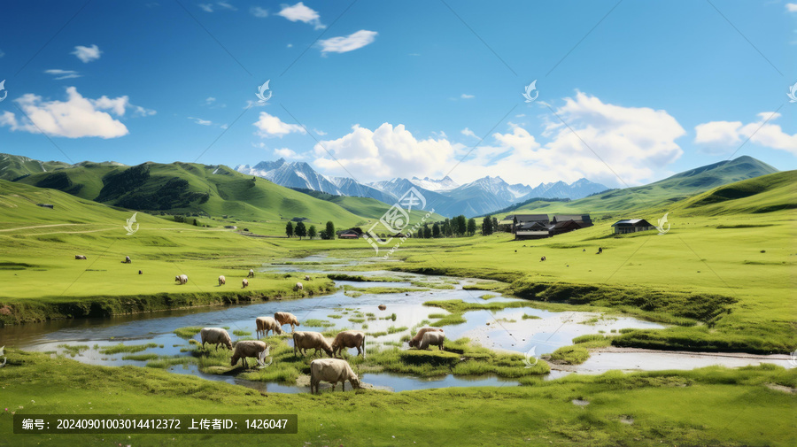 高山流水旁的牛羊