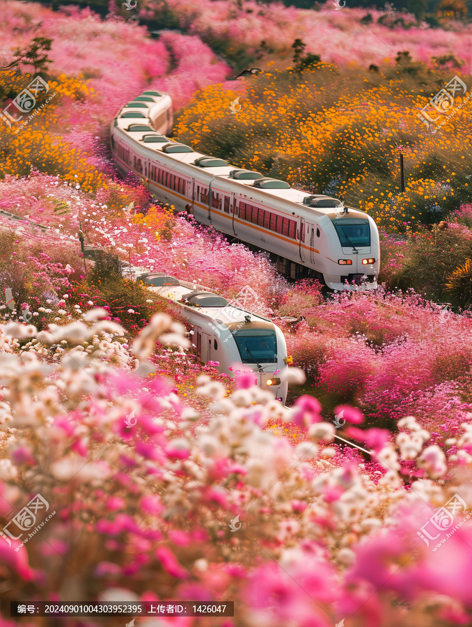 鮮花盛開的田野里行駛的火車