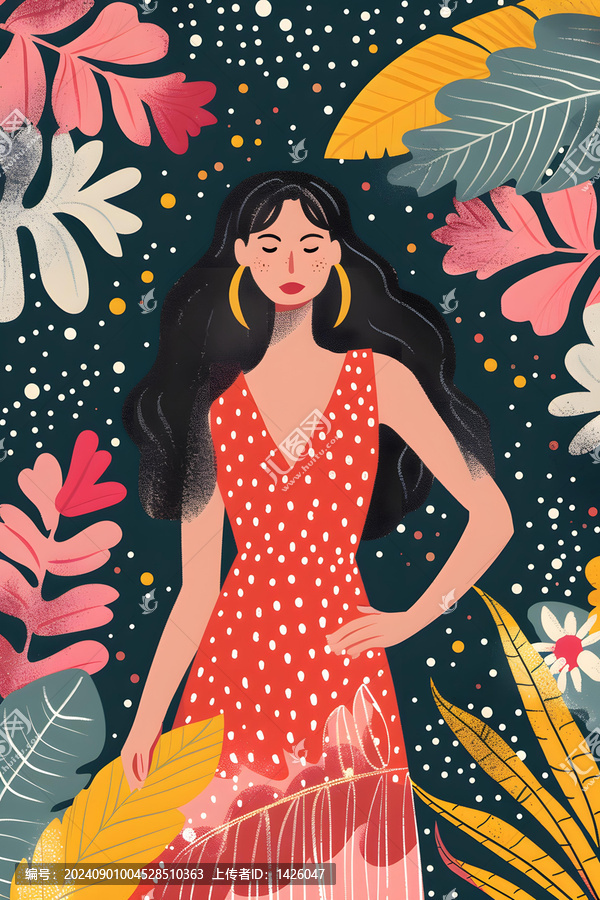 紅裙女人與綠葉的