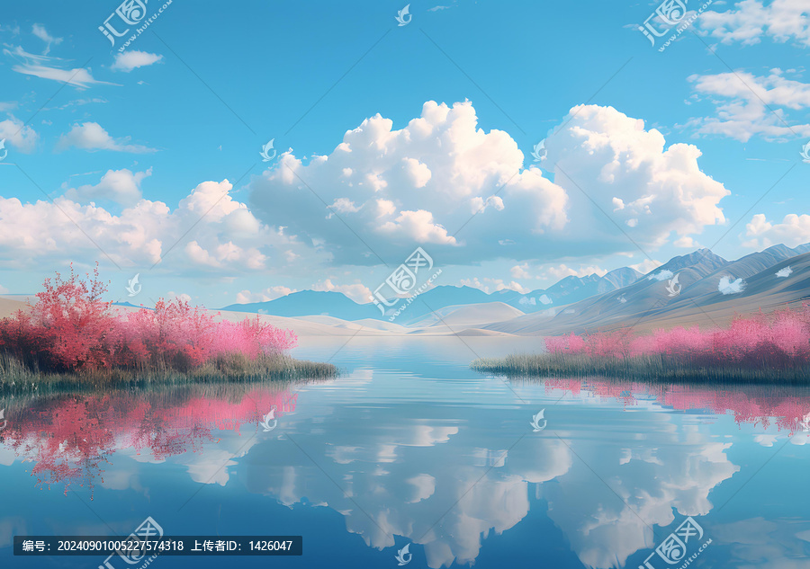 高原湖泊倒映藍天白云和兩岸盛開的粉紅色花朵