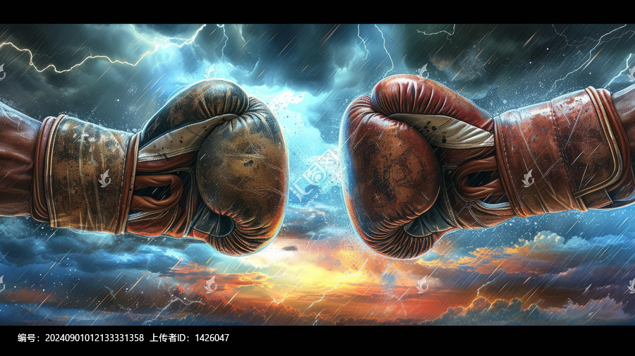 兩只破舊的拳擊手套在暴風(fēng)雨的背景下對峙