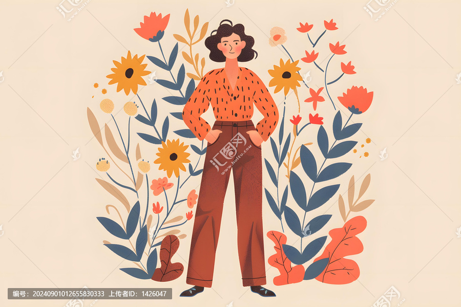 花卉花園中站立的女性