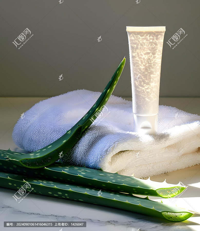 蘆薈植物和白色毛巾上的乳液管