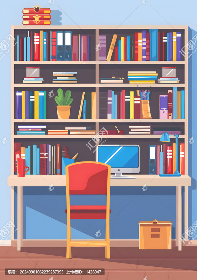家庭辦公室書桌與書架和電腦