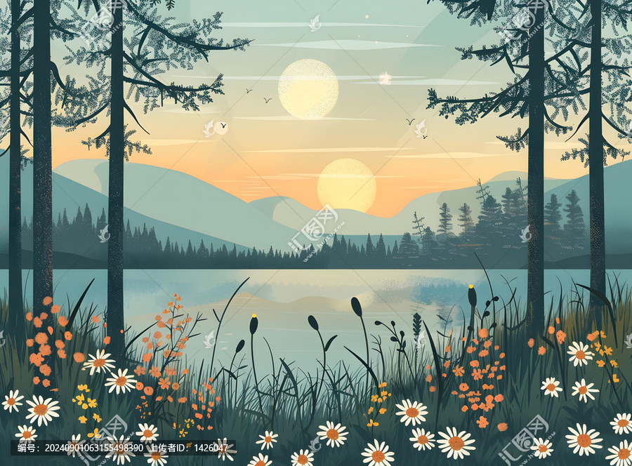 森林湖泊日落風(fēng)景