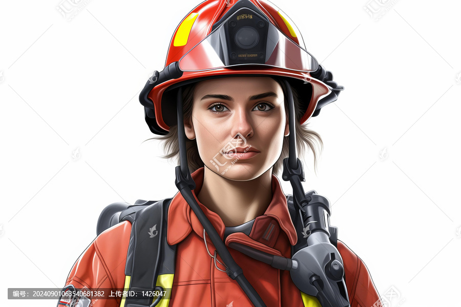 身穿紅色頭盔和防護裝備的年輕女消防員肖像