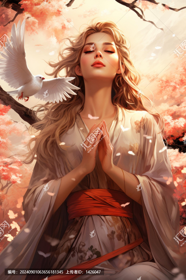 身穿和服祈禱的女人