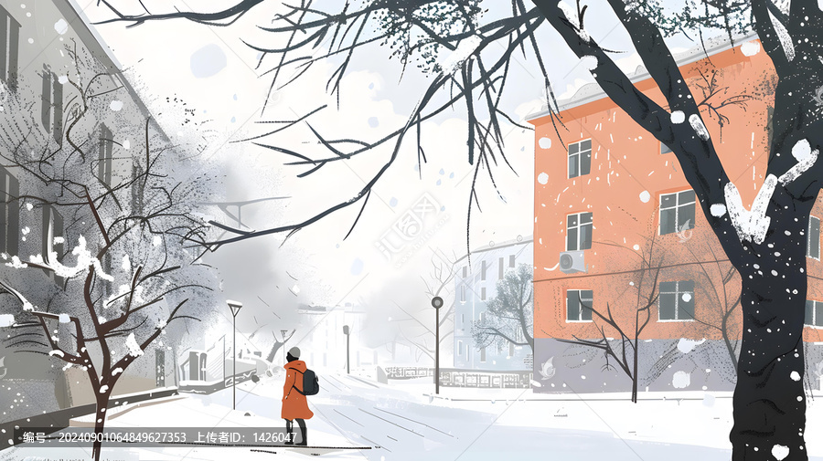冬日雪景城市街道上行走的女子