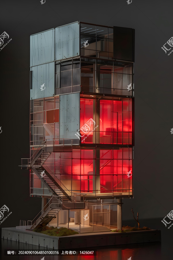 紅色燈光照亮的現(xiàn)代建筑模型