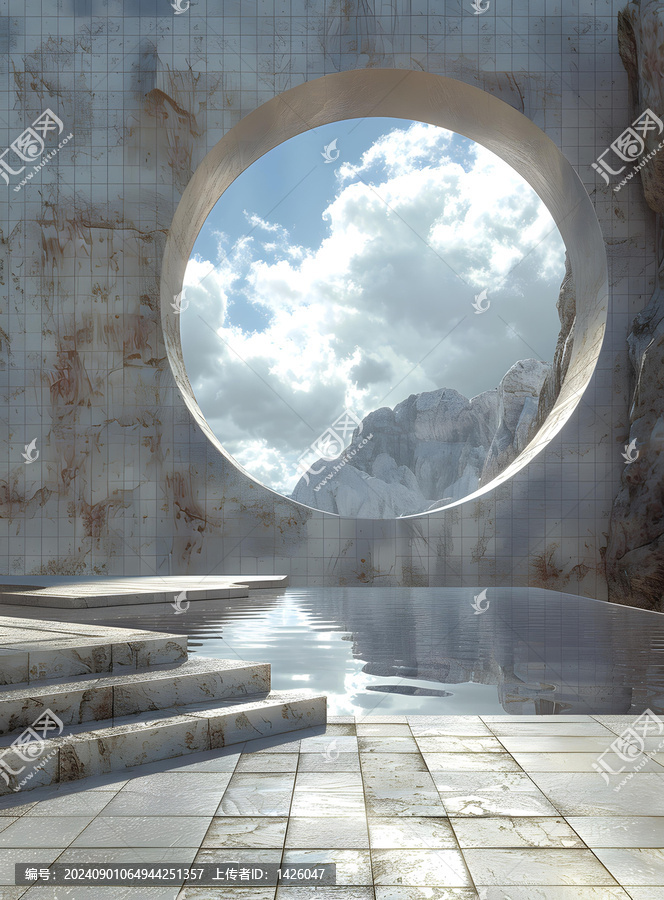 圓形窗戶的抽象建筑與山景