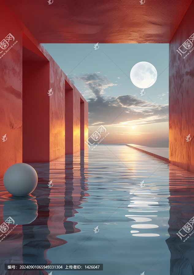 球體漂浮在被淹沒的走廊里的超現(xiàn)實景觀的,3D,渲染圖