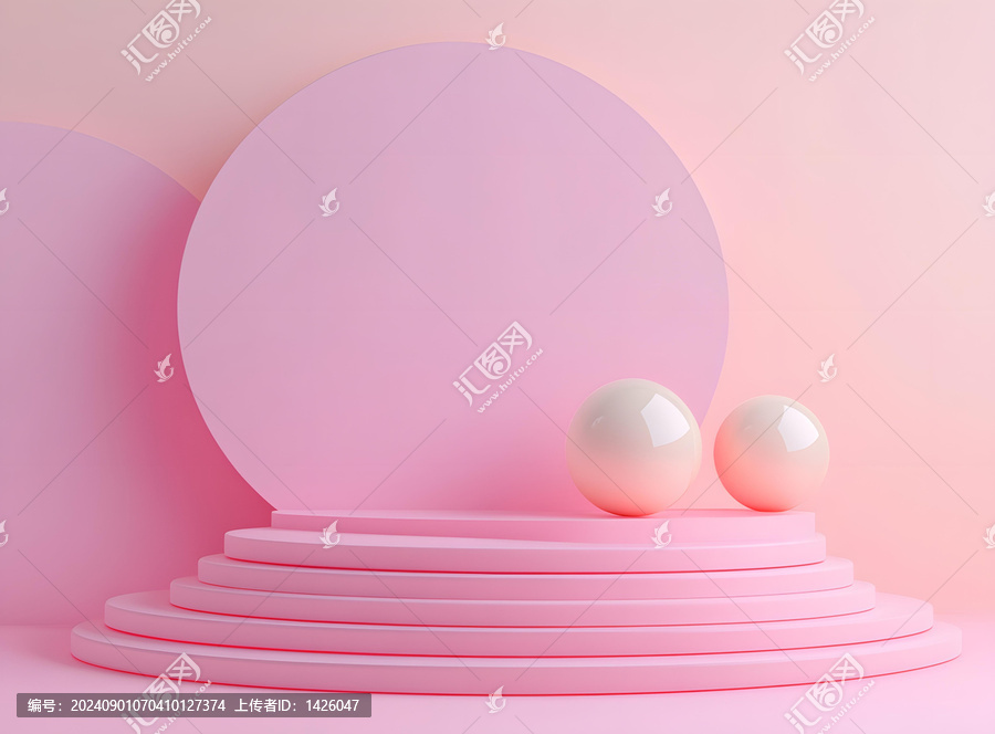 粉紅色抽象極簡3D背景圓形平臺和球體