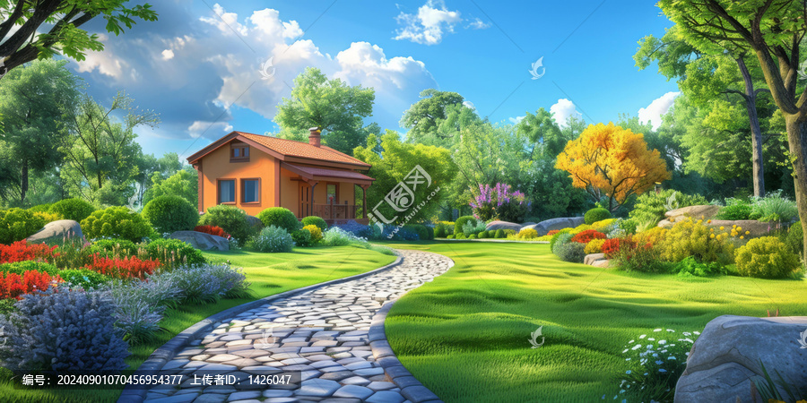 通往美麗花園中小屋的石板路