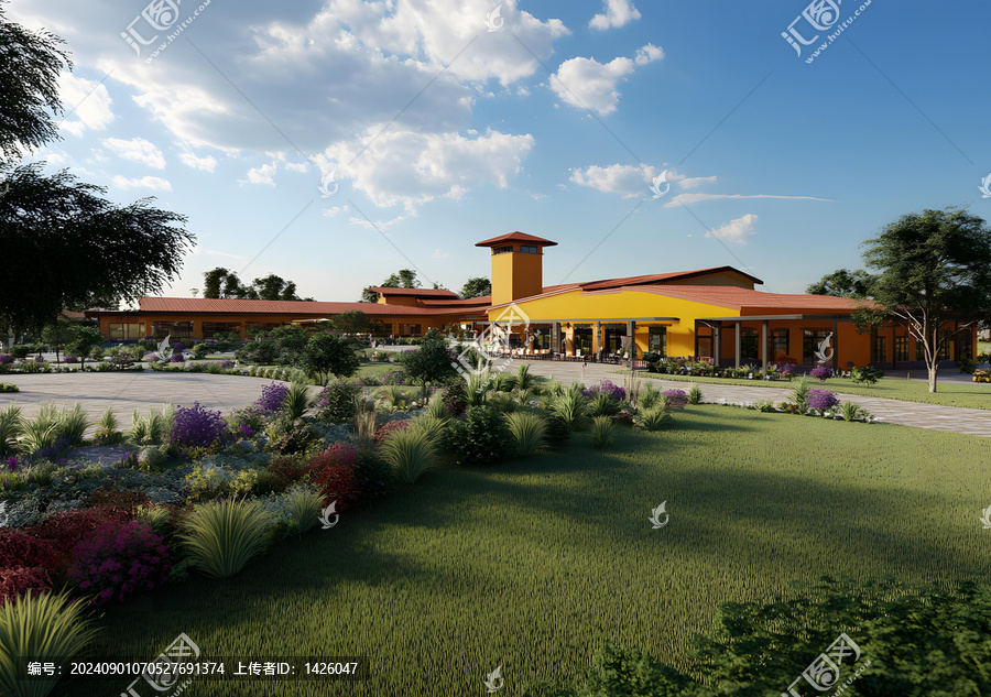 帶花園的黃色建筑外景設(shè)計(jì)