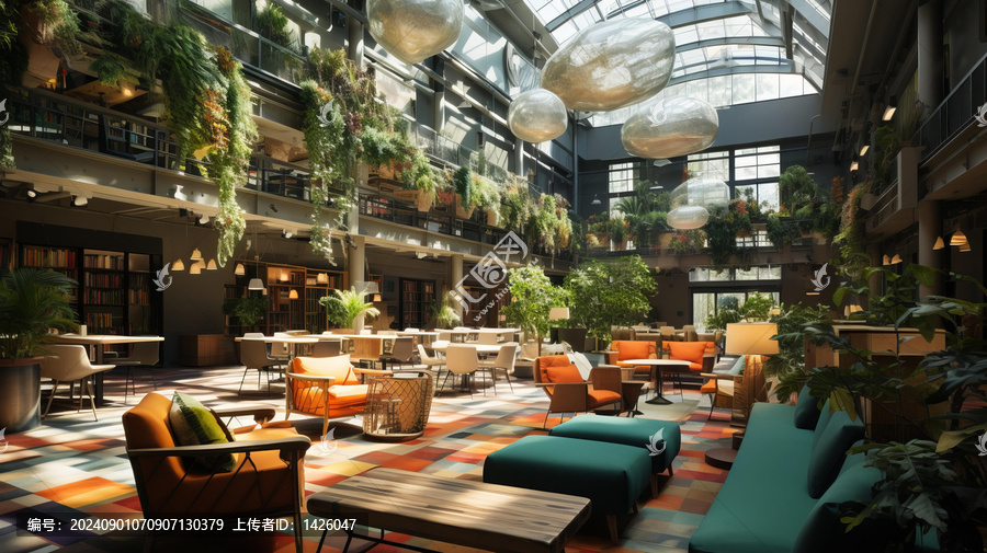 室內(nèi)植物和現(xiàn)代家具的辦公室內(nèi)部中庭空間