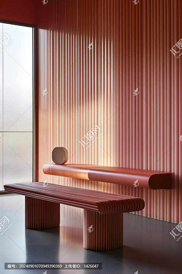 粉色墻壁和長凳的現(xiàn)代室內(nèi)設(shè)計(jì)
