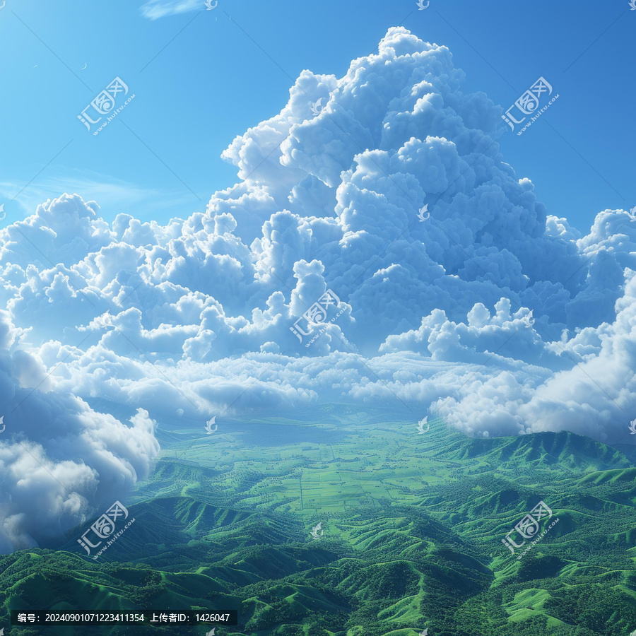 綠色的山丘和藍(lán)色的天空與幾朵白云