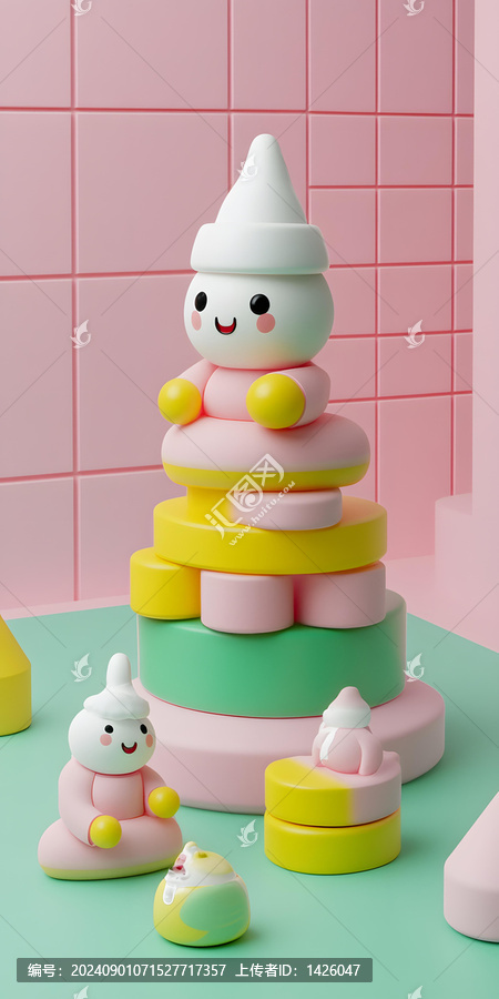 可愛卡通角色3D粉色綠色黃色
