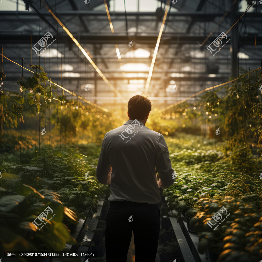 一名男性植物學(xué)家正在溫室里檢查植物的質(zhì)量