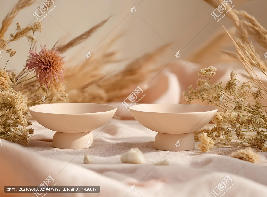 簡約風格的兩個空碗，配以干花和白色布料