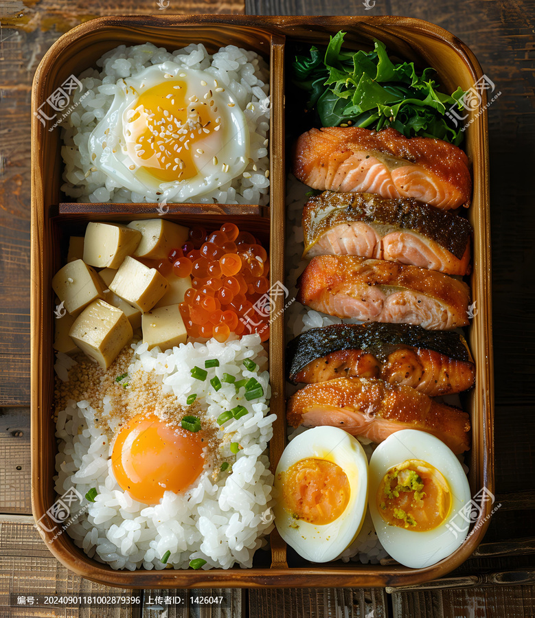 日式午餐便當：三文魚、豆腐和雞蛋