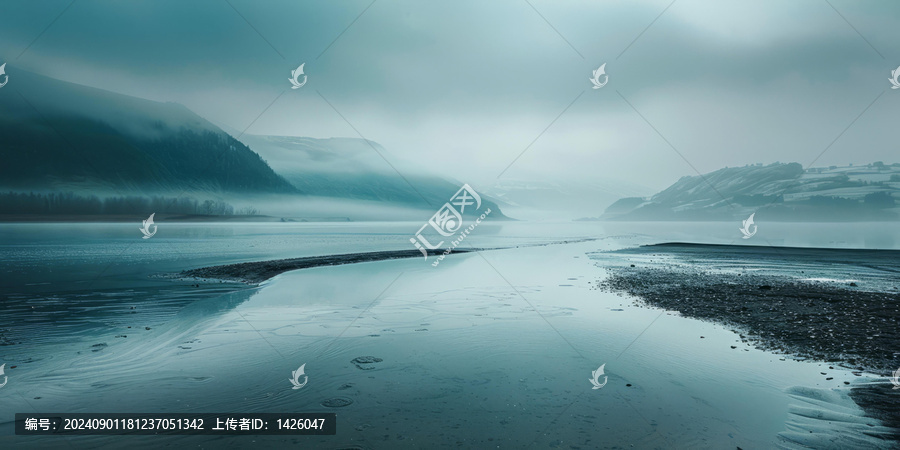 迷霧籠罩的湖泊與山脈的陰郁風景