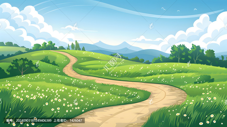 蜿蜒小路穿過綠草如茵的田野景觀