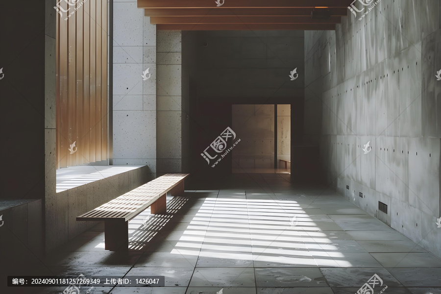 現(xiàn)代建筑木質(zhì)長凳陽光光影