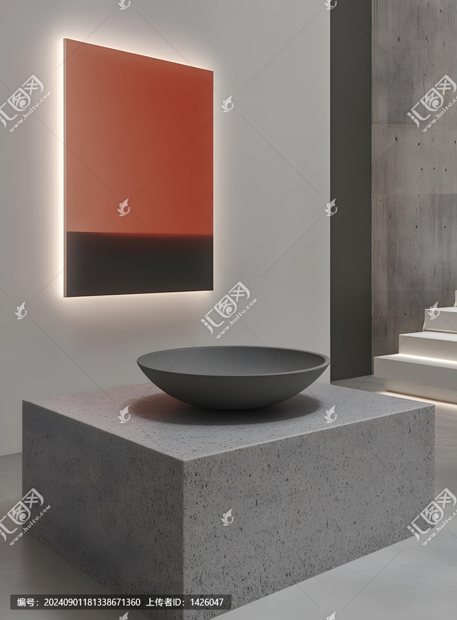 極簡主義混凝土和紅色藝術(shù)品室內(nèi)設(shè)計