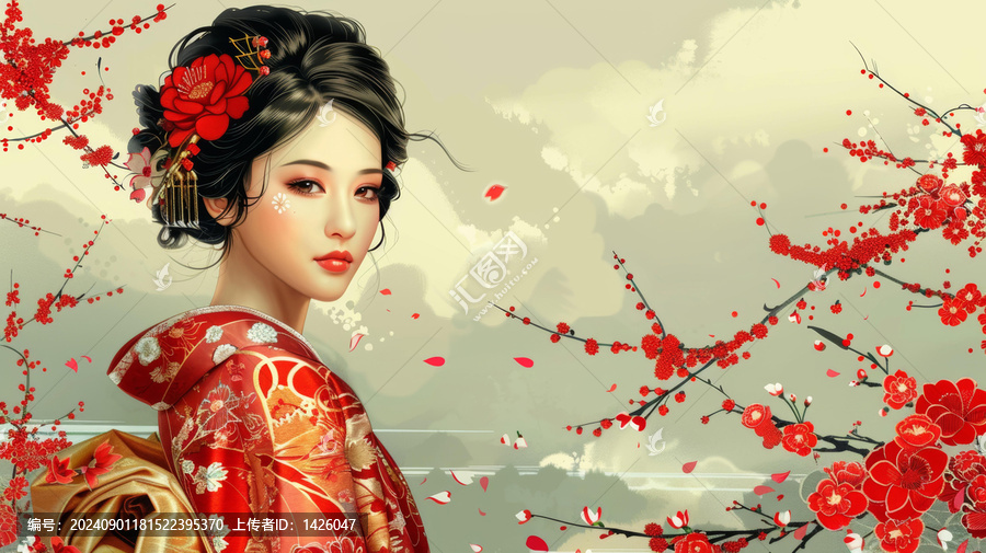 身穿紅色和服的美麗日本女子站在櫻花盛開(kāi)的原野上。
