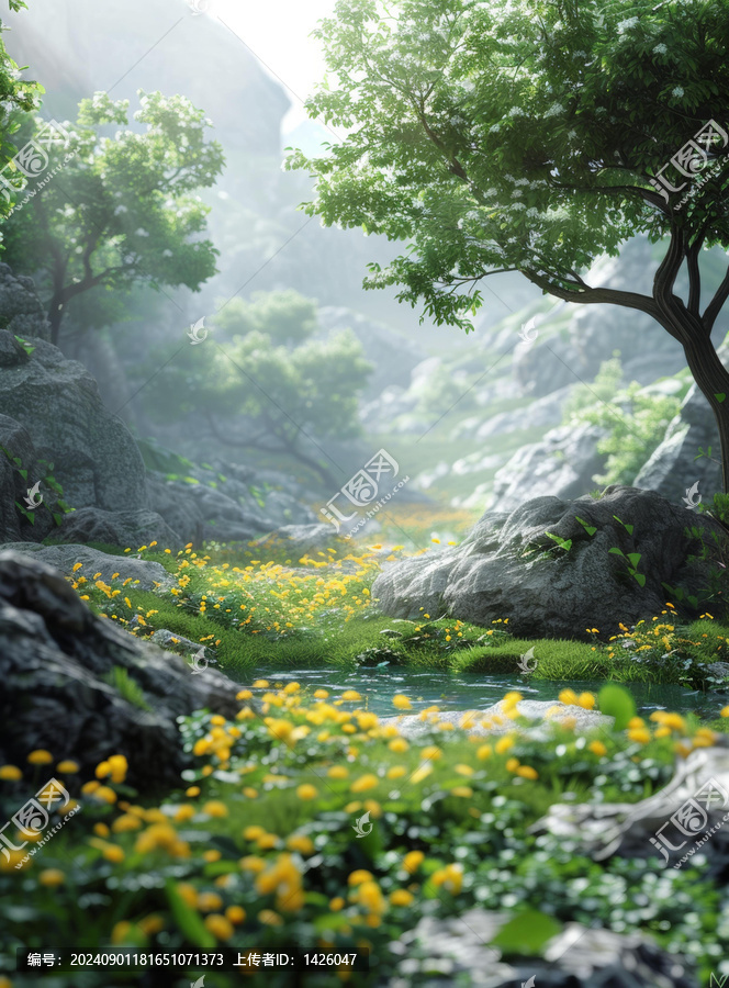 陽光明媚的山澗溪流與盛開的鮮花