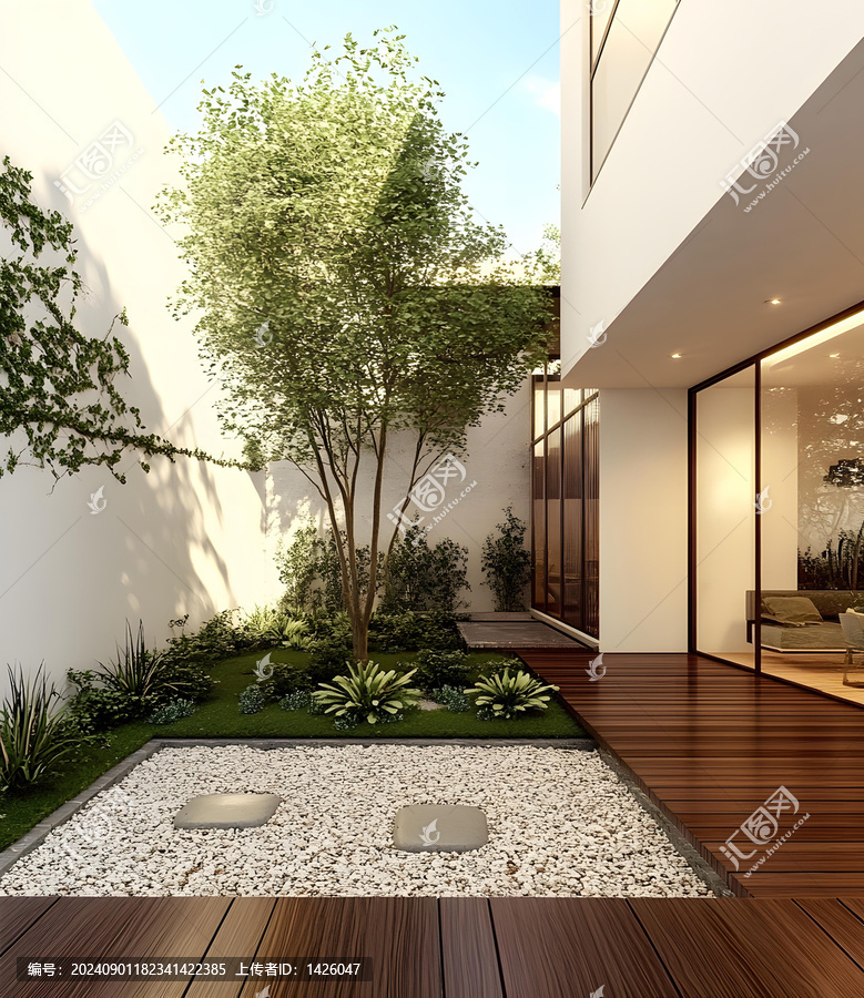 極簡現(xiàn)代住宅庭院，綠植與石材設(shè)計(jì)