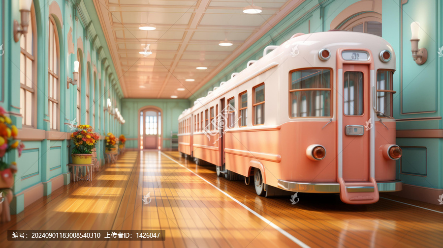 一輛粉綠色的復(fù)古火車(chē)站和一列粉色的火車(chē)