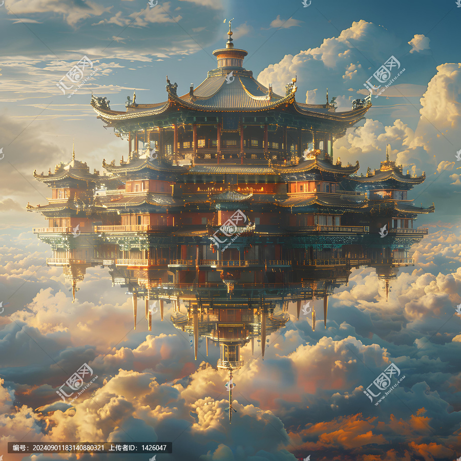 一座中國宮殿漂浮在天空中的插圖