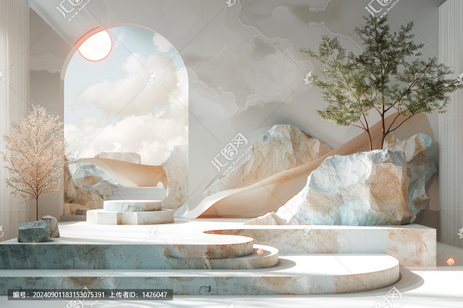 超現(xiàn)實(shí)風(fēng)景渲染帶有一個大拱門和一棵樹